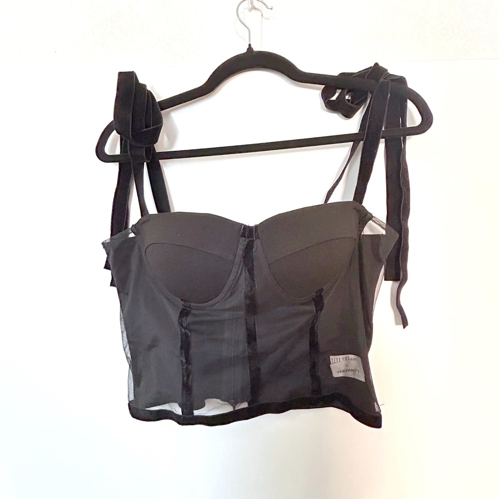 Commense Large Black Semi-Sheer velvet ribbon Bow Mesh Cami Crop Top bustier